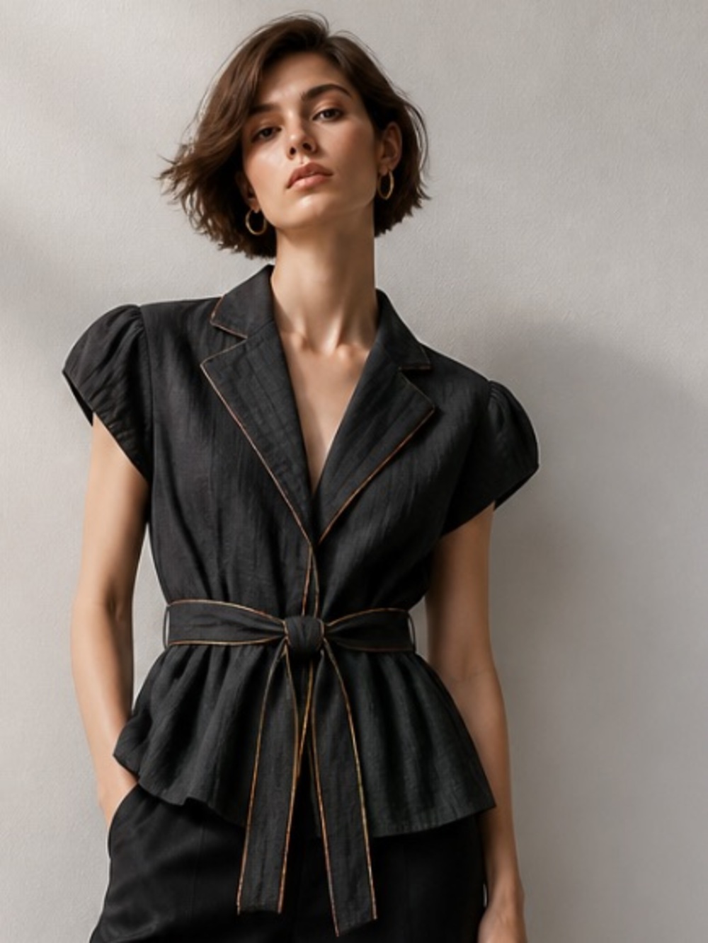 Women's Black Short-Sleeve Tie-Waist Blazer Jacket
